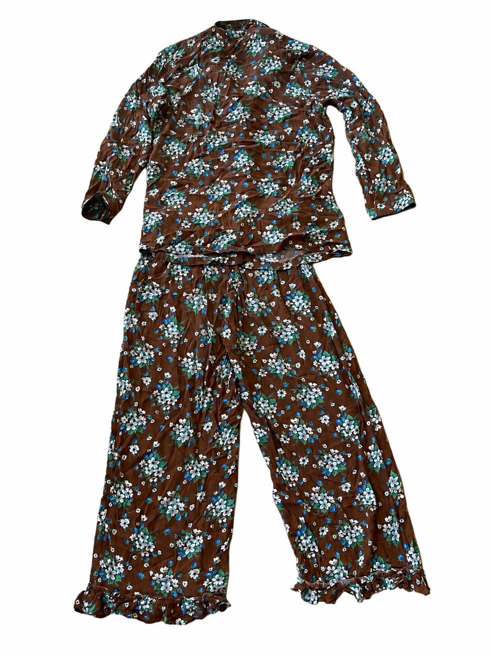Batsheva Brown Lily Floral Pajama Set Size Small 2 Piece Ruffle Pants - Picture 4 of 13